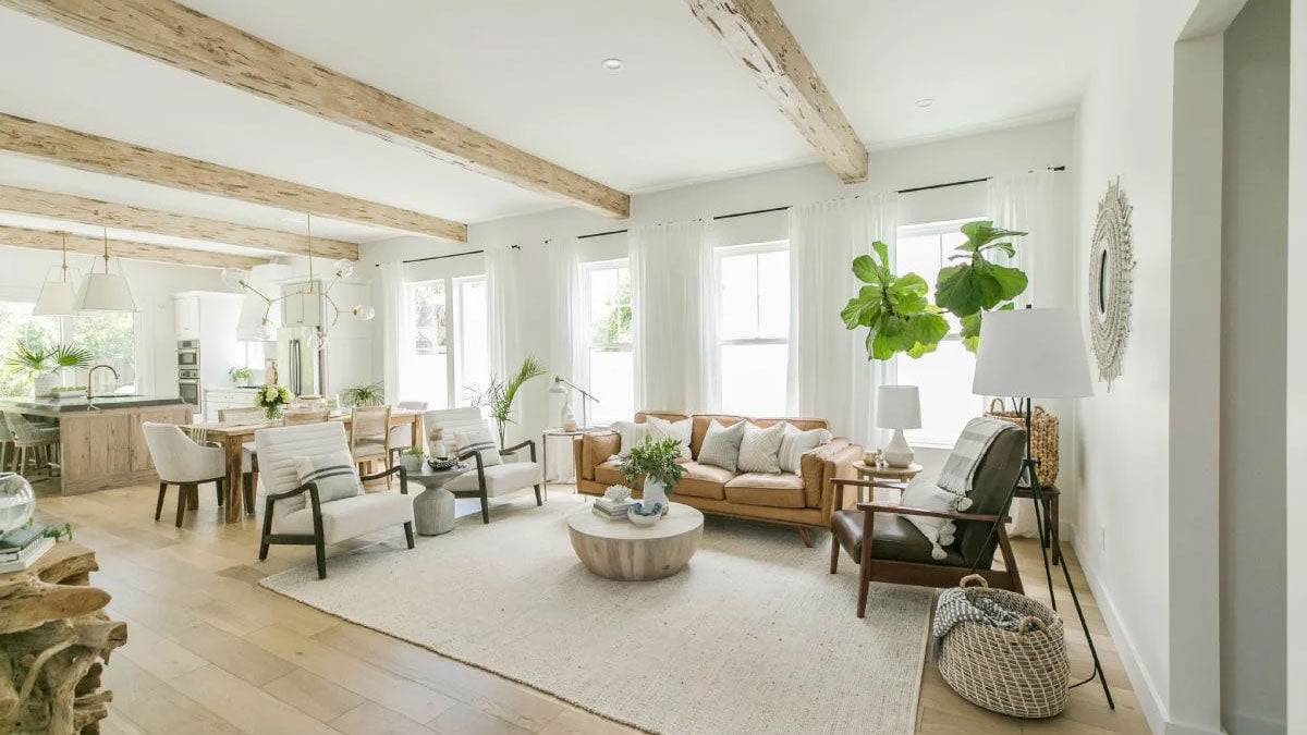 White oak faux beams in a white modern home.