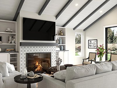 Smooth grey faux wood beams on the ceiling in a living room.