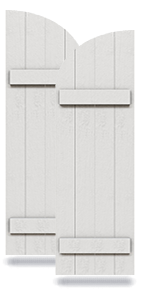 Timberthane Faux Rustic Joined Board-n-Batten Faux Wood Shutters w/Quarter Round Arch Top (Per Pair)